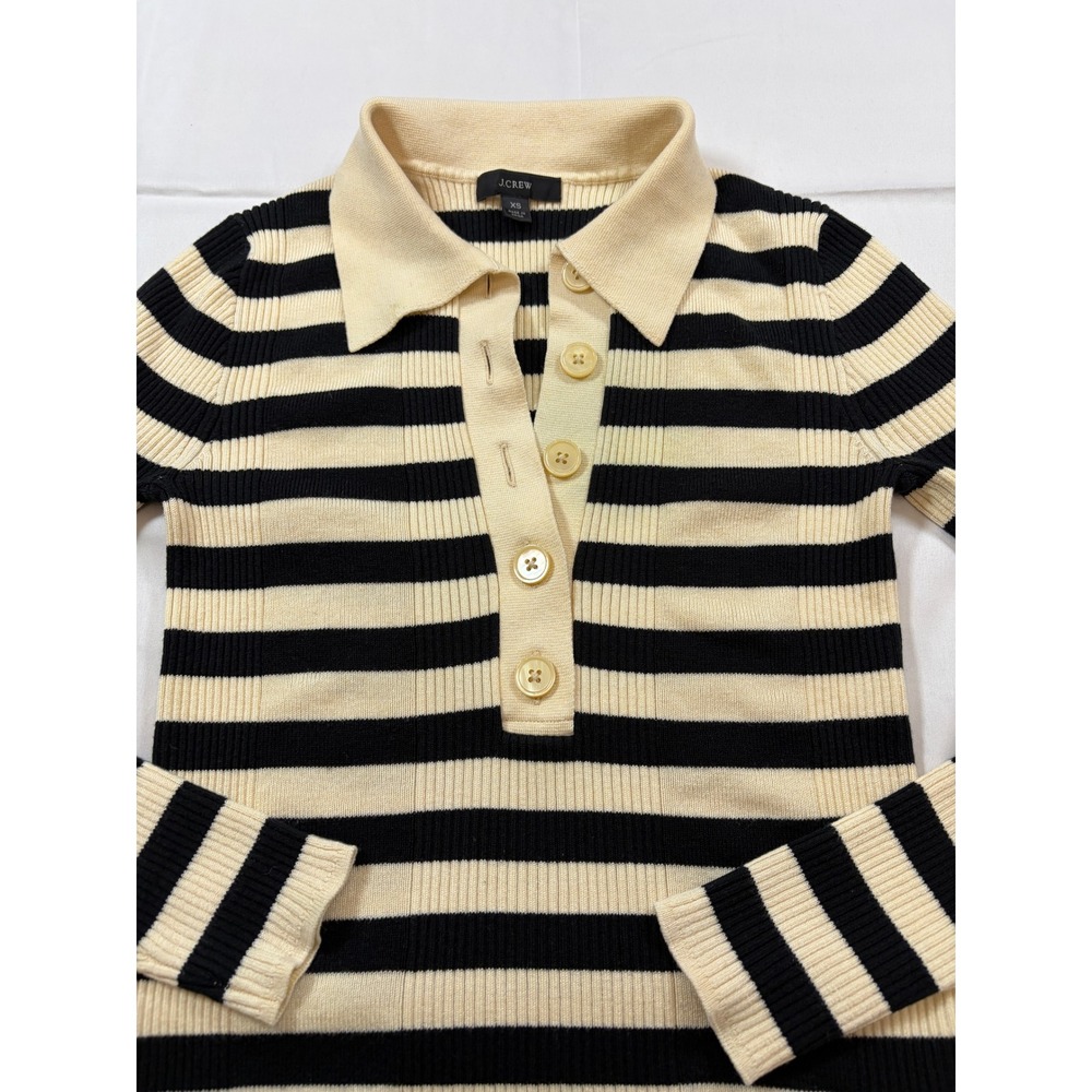 J.Crew Womens XS Ribbed Knit Striped Polo Sweater Cream Black Long Sleeve Top